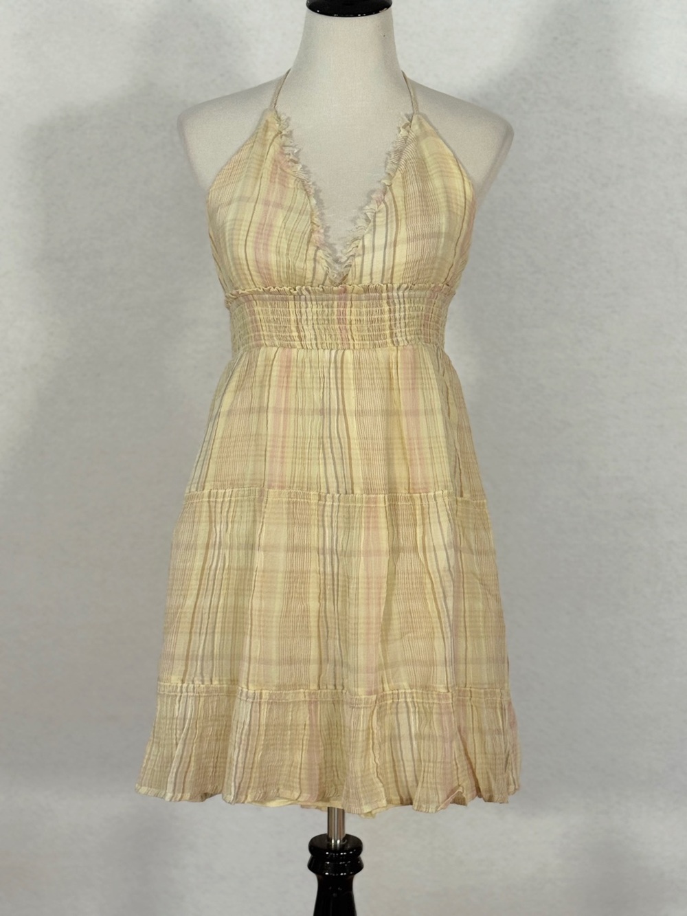 Urban Outfitters Kimchi Blue Phoebe Yellow Multi Open Back Halter Tiered Knee M - Picture 6 of 16